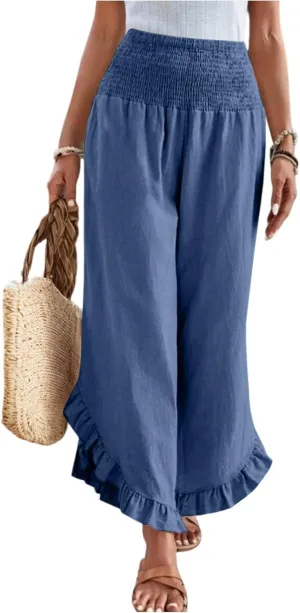 eoeioa Smocked Linen Pants for Women Elastic Waist Wide Leg Pant Lightweight Comfy Flowy Boho Pants with Pockets