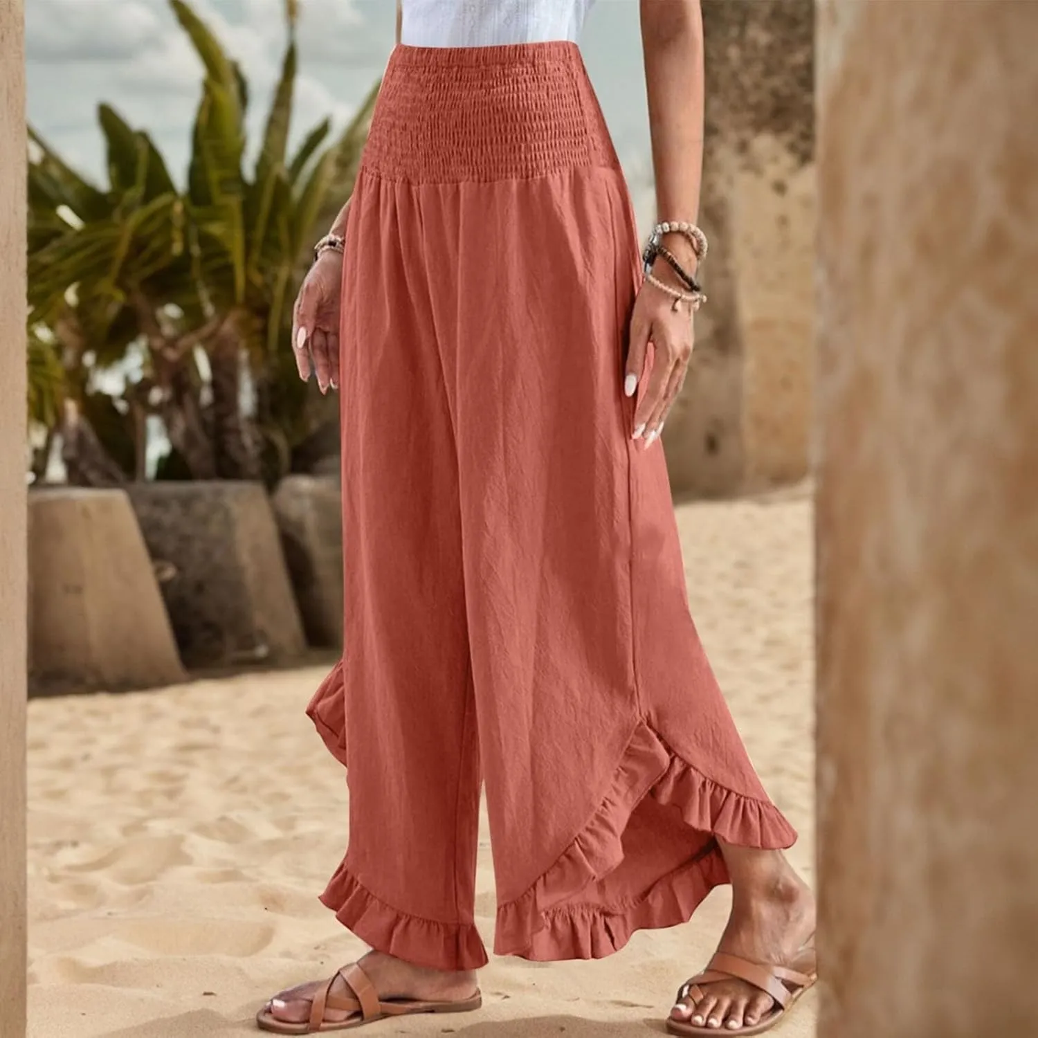 eoeioa Smocked Linen Pants for Women Elastic Waist Wide Leg Pant Lightweight Comfy Flowy Boho Pants with Pockets