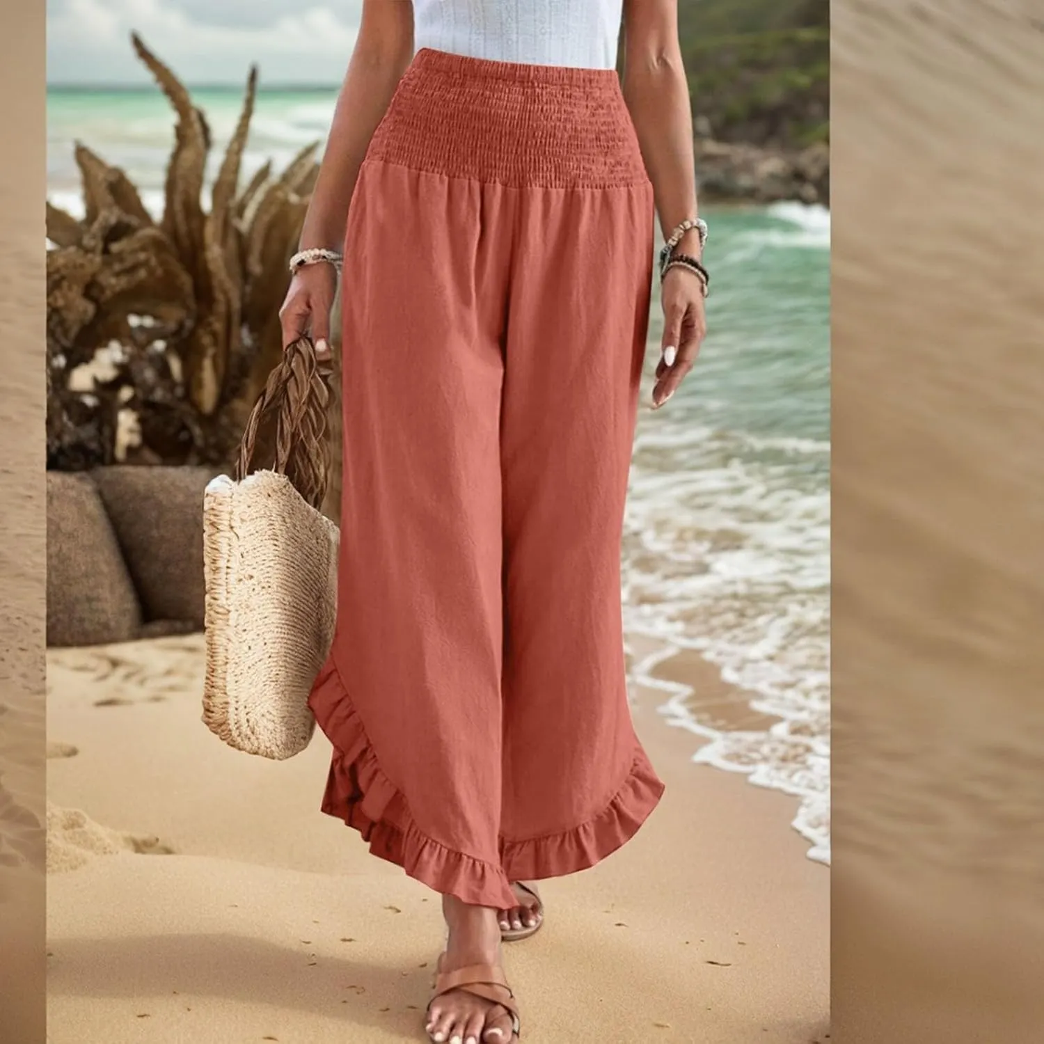 eoeioa Smocked Linen Pants for Women Elastic Waist Wide Leg Pant Lightweight Comfy Flowy Boho Pants with Pockets