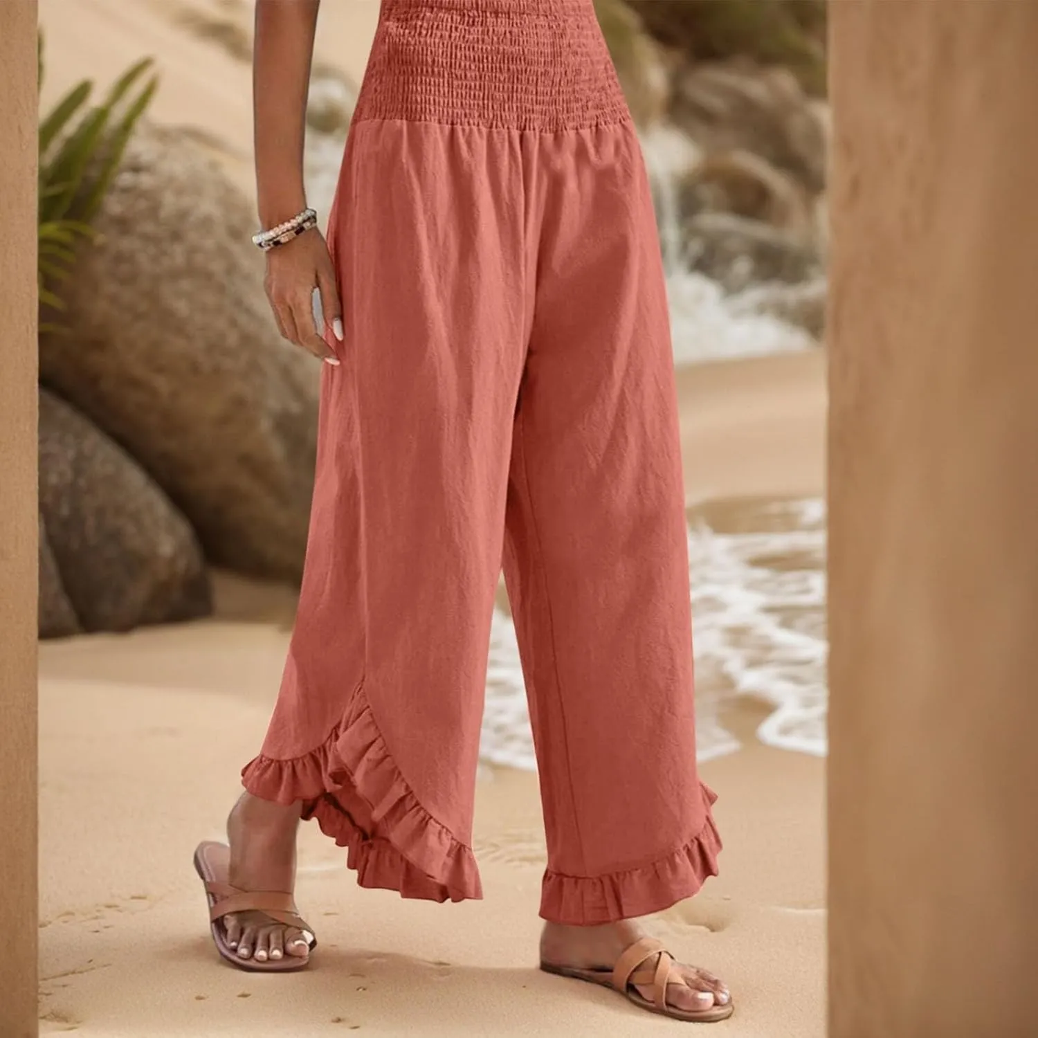 eoeioa Smocked Linen Pants for Women Elastic Waist Wide Leg Pant Lightweight Comfy Flowy Boho Pants with Pockets