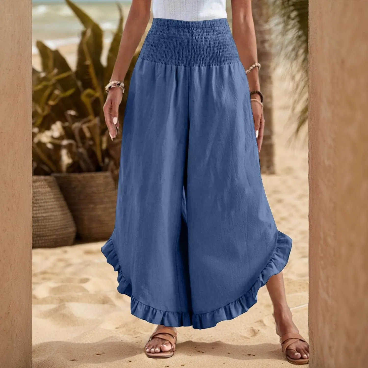 eoeioa Smocked Linen Pants for Women Elastic Waist Wide Leg Pant Lightweight Comfy Flowy Boho Pants with Pockets