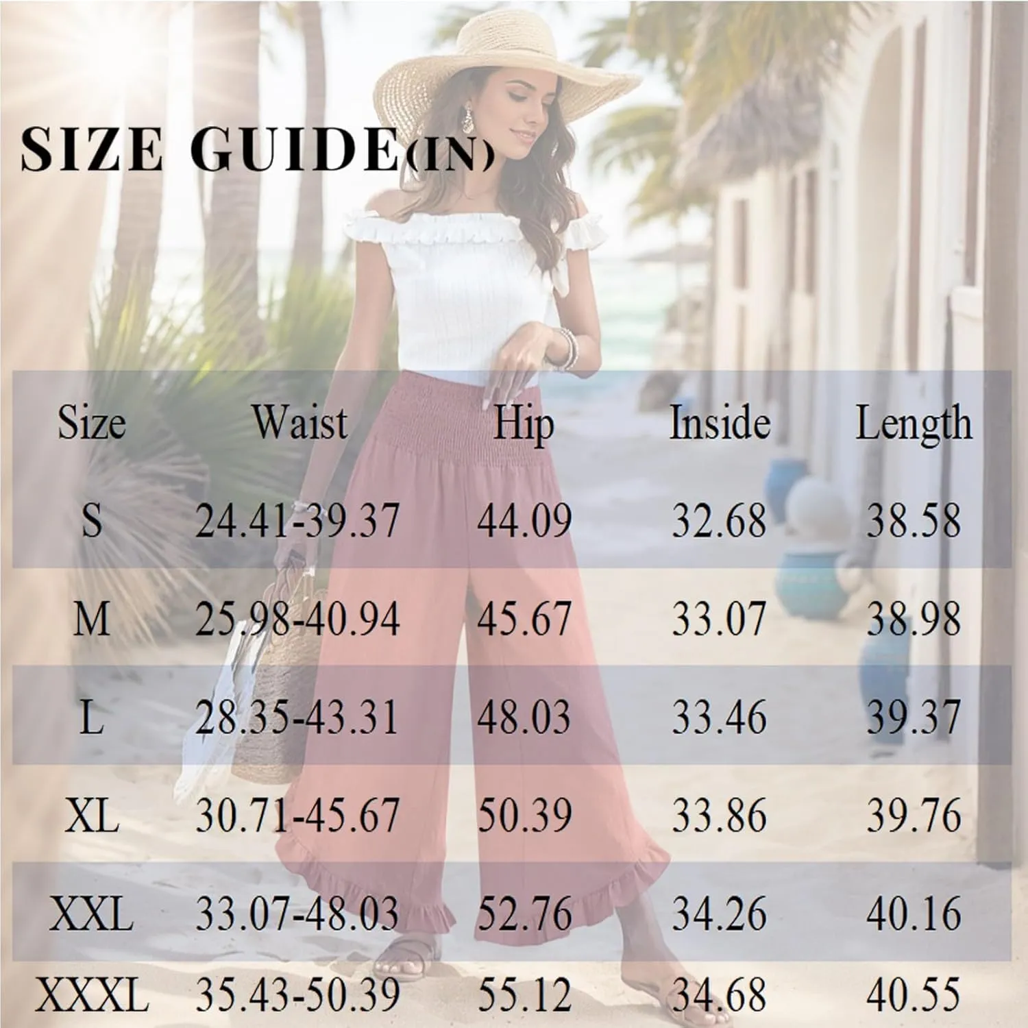 eoeioa Smocked Linen Pants for Women Elastic Waist Wide Leg Pant Lightweight Comfy Flowy Boho Pants with Pockets