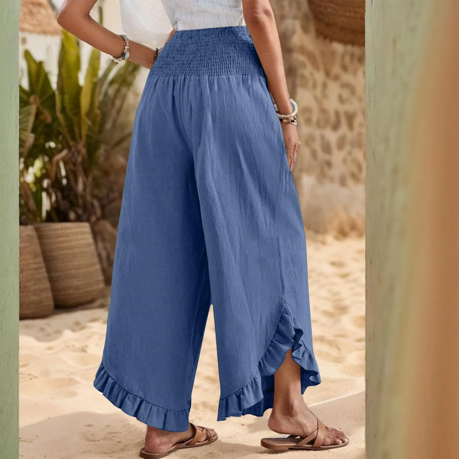 eoeioa Smocked Linen Pants for Women Elastic Waist Wide Leg Pant Lightweight Comfy Flowy Boho Pants with Pockets