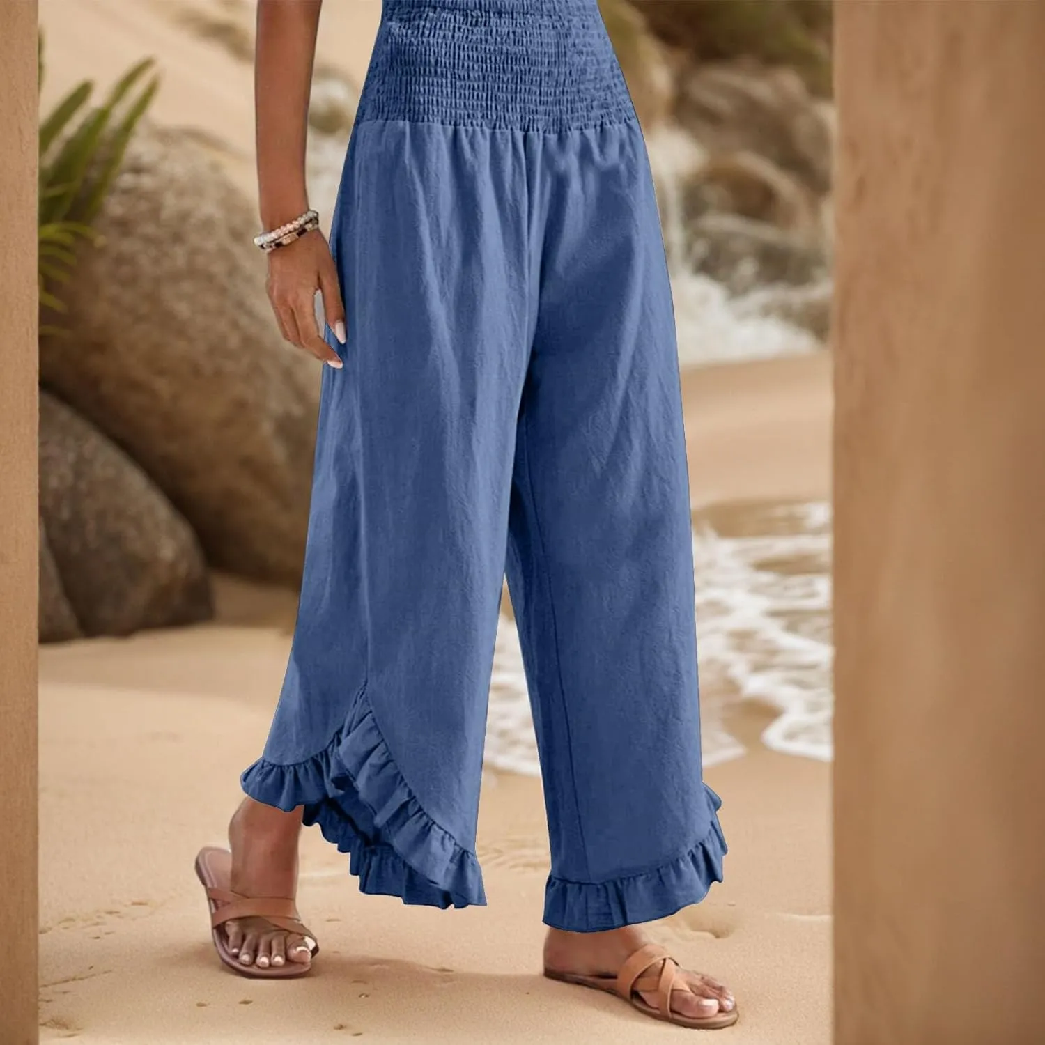 eoeioa Smocked Linen Pants for Women Elastic Waist Wide Leg Pant Lightweight Comfy Flowy Boho Pants with Pockets