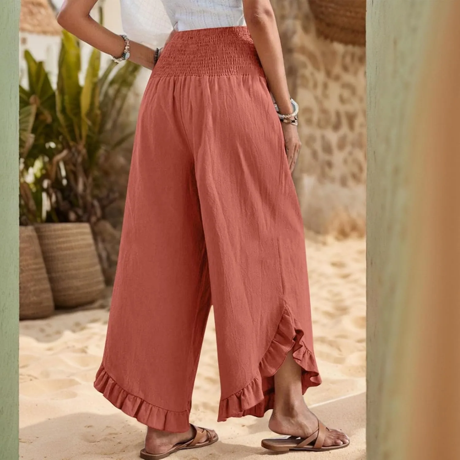 eoeioa Smocked Linen Pants for Women Elastic Waist Wide Leg Pant Lightweight Comfy Flowy Boho Pants with Pockets