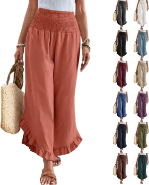 eoeioa Smocked Linen Pants for Women Elastic Waist Wide Leg Pant Lightweight Comfy Flowy Boho Pants with Pockets