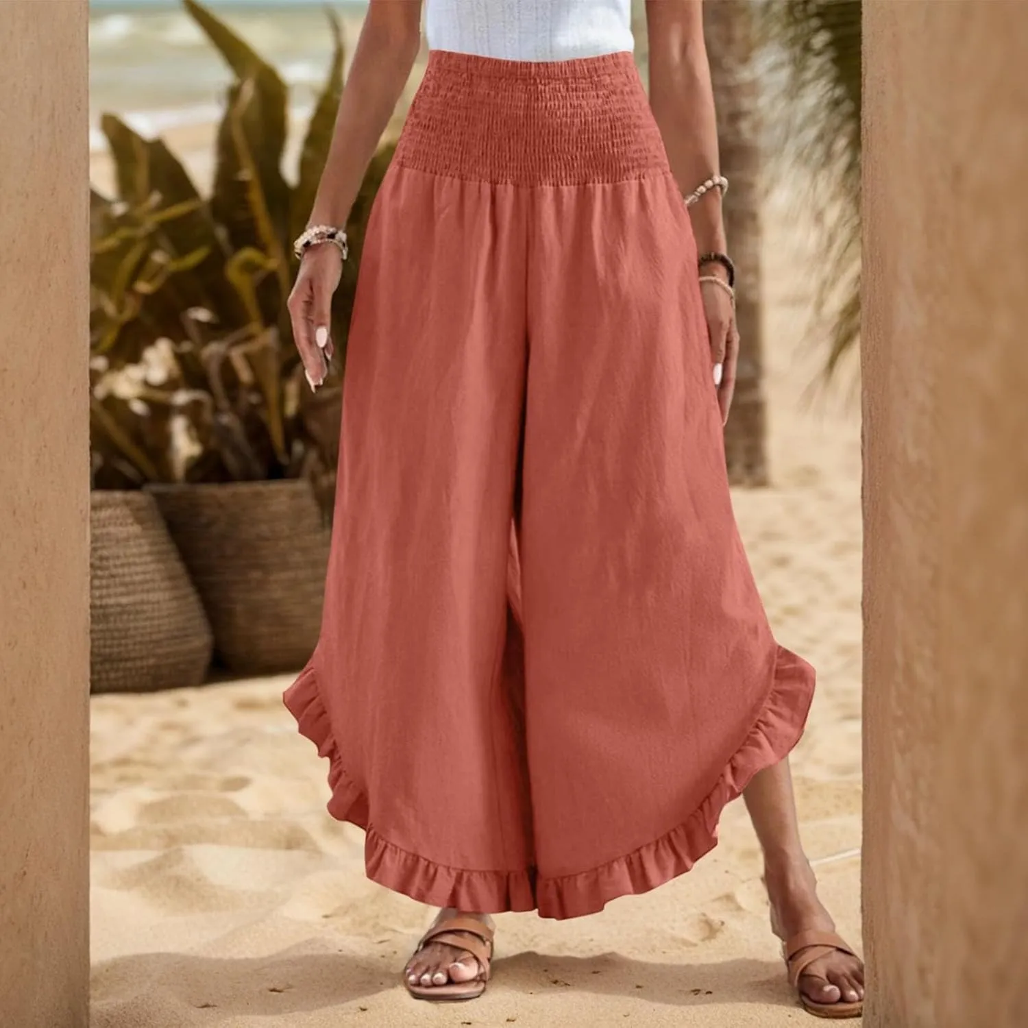 eoeioa Smocked Linen Pants for Women Elastic Waist Wide Leg Pant Lightweight Comfy Flowy Boho Pants with Pockets