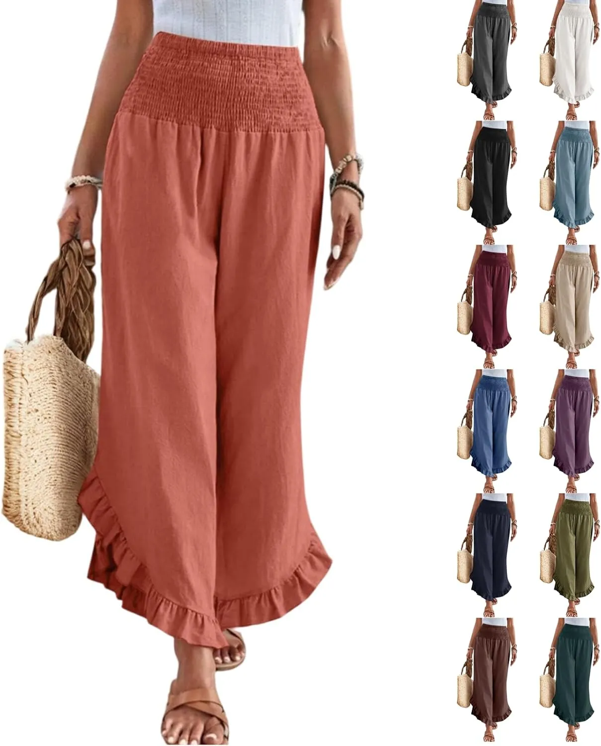 eoeioa Smocked Linen Pants for Women Elastic Waist Wide Leg Pant Lightweight Comfy Flowy Boho Pants with Pockets