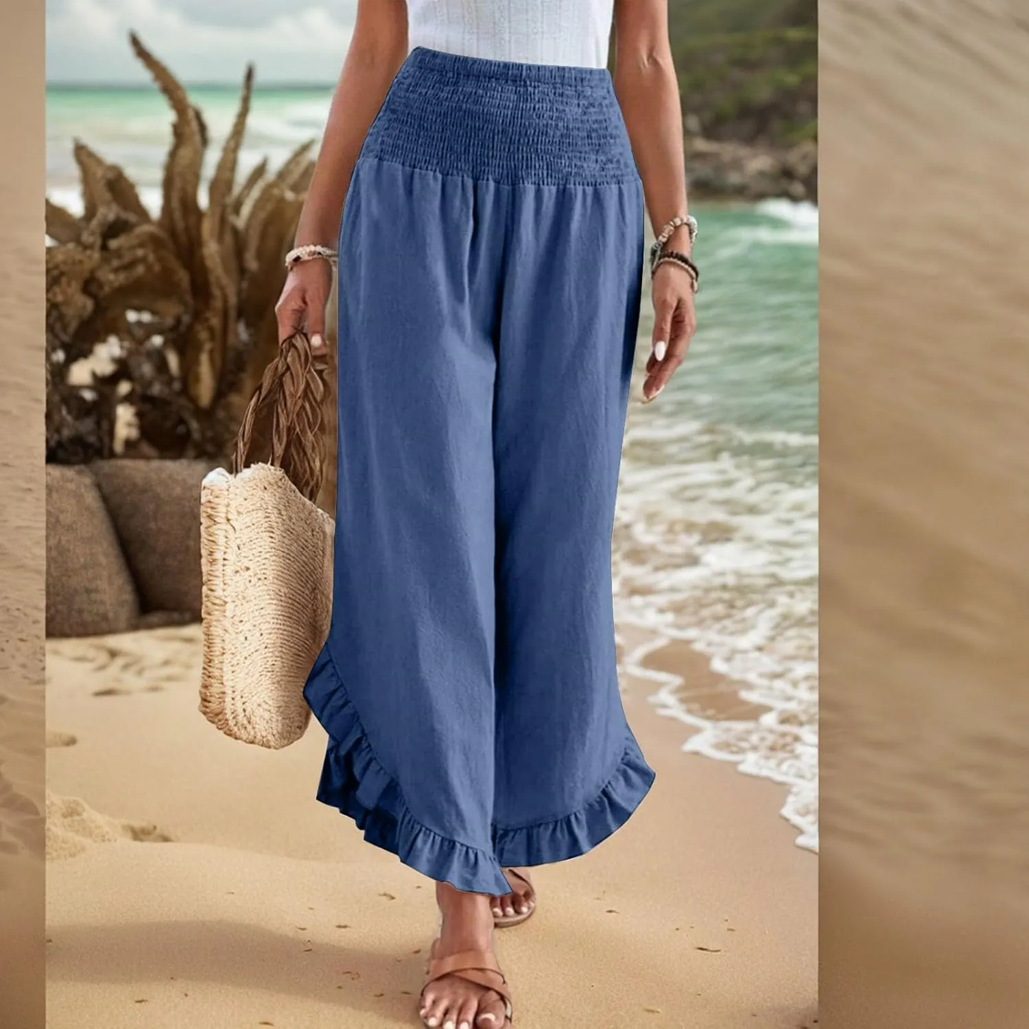 eoeioa Smocked Linen Pants for Women Elastic Waist Wide Leg Pant Lightweight Comfy Flowy Boho Pants with Pockets