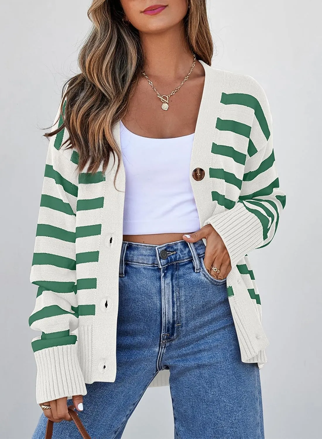 EVALESS Womens Striped Cardigan Sweaters Long Sleeve V Neck Lightweight Open Front Button Down Knit Cardigans