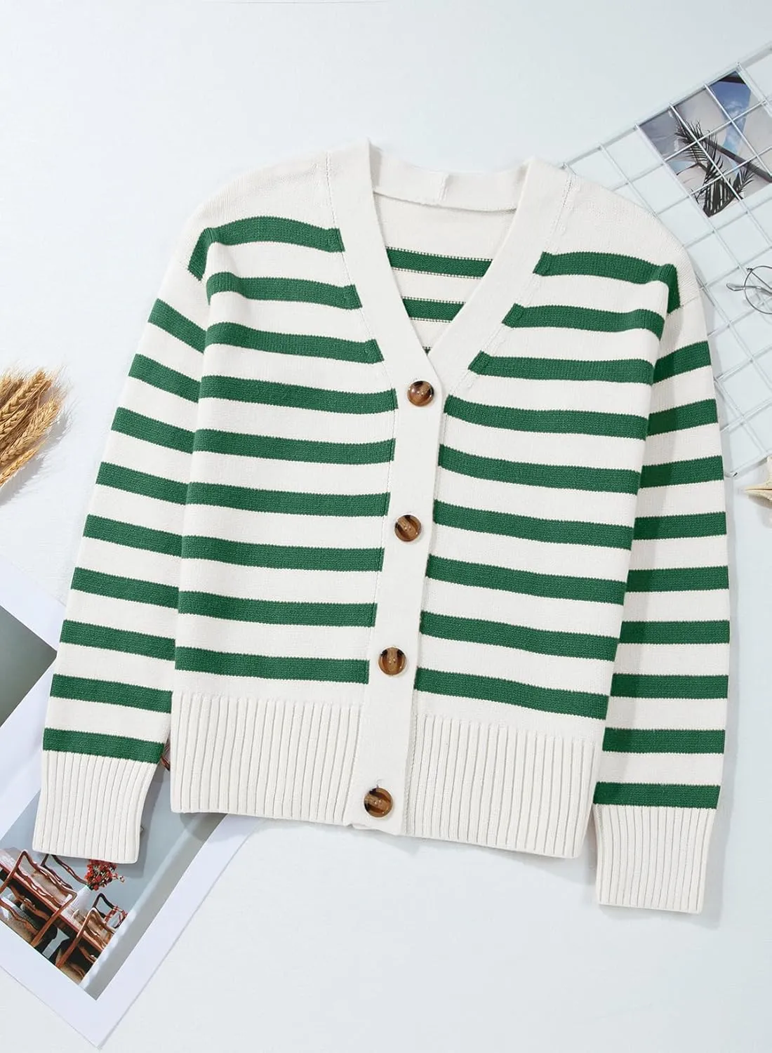 EVALESS Womens Striped Cardigan Sweaters Long Sleeve V Neck Lightweight Open Front Button Down Knit Cardigans