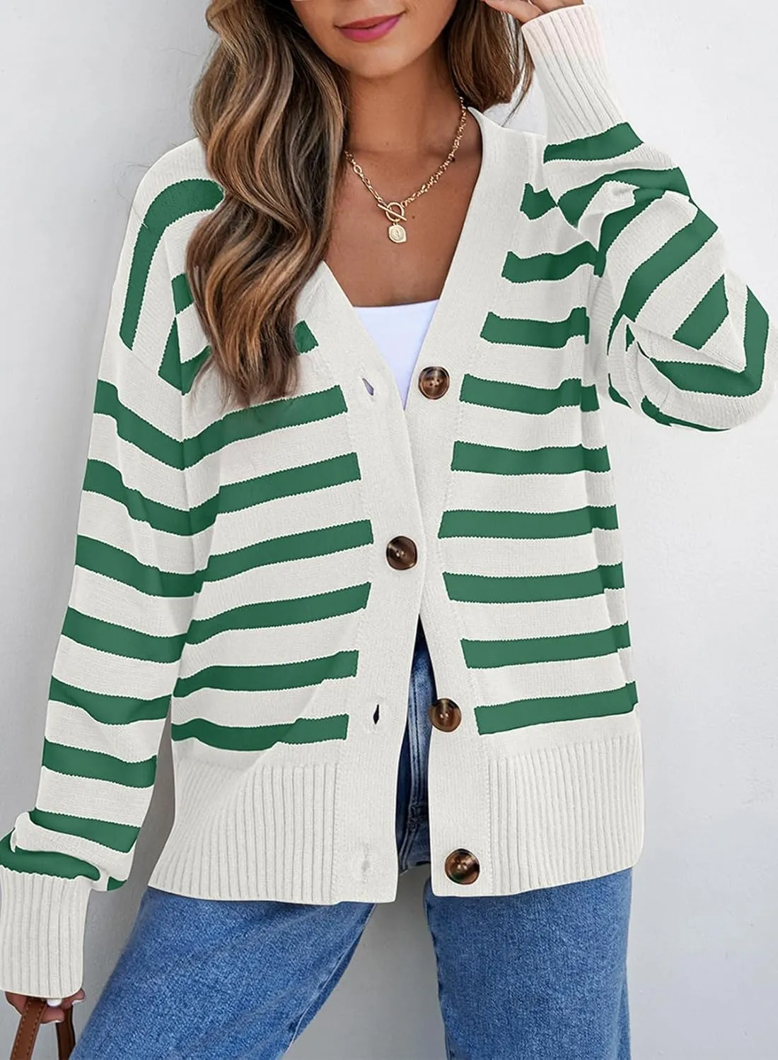 EVALESS Womens Striped Cardigan Sweaters Long Sleeve V Neck Lightweight Open Front Button Down Knit Cardigans