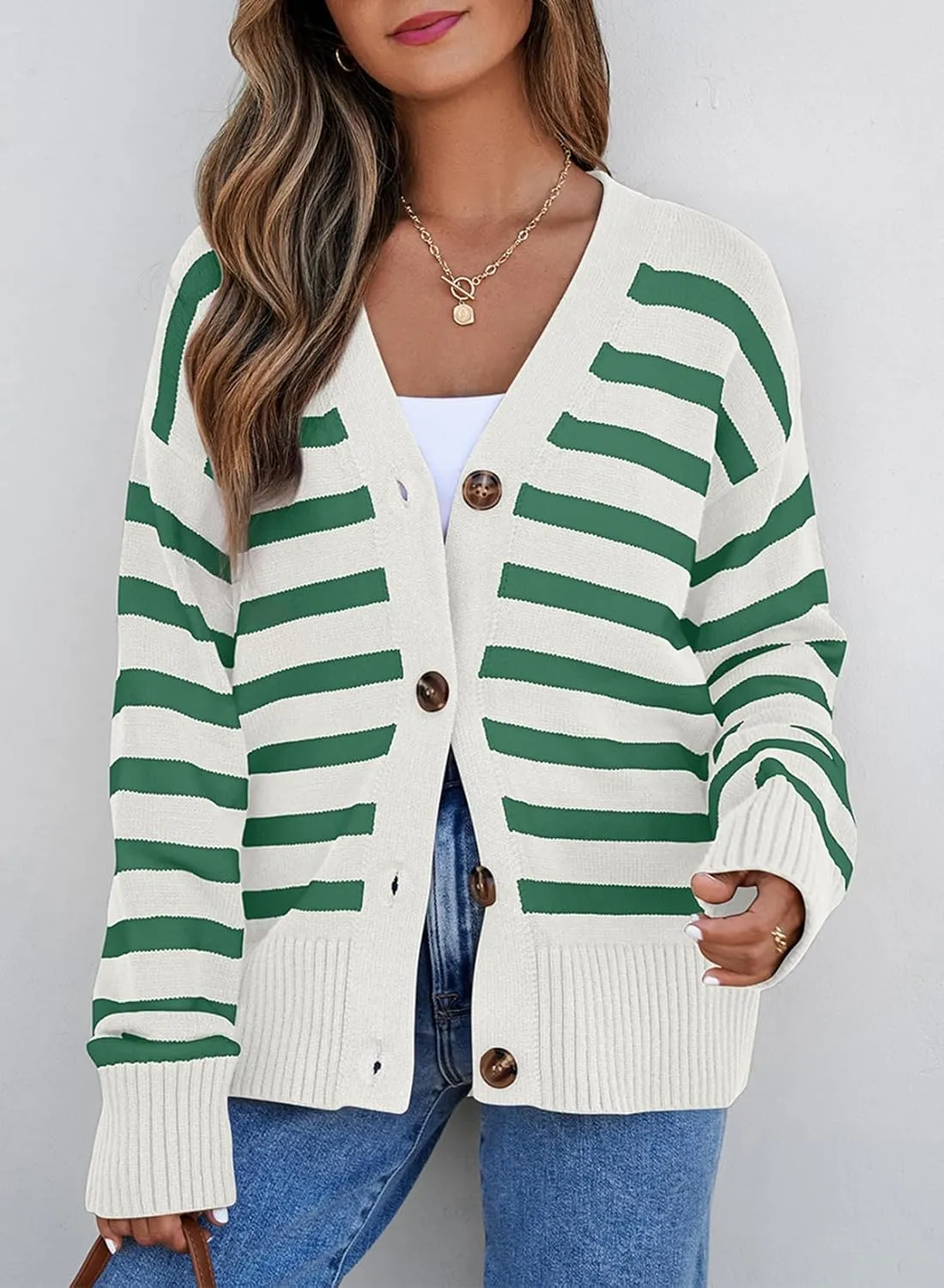 EVALESS Womens Striped Cardigan Sweaters Long Sleeve V Neck Lightweight Open Front Button Down Knit Cardigans