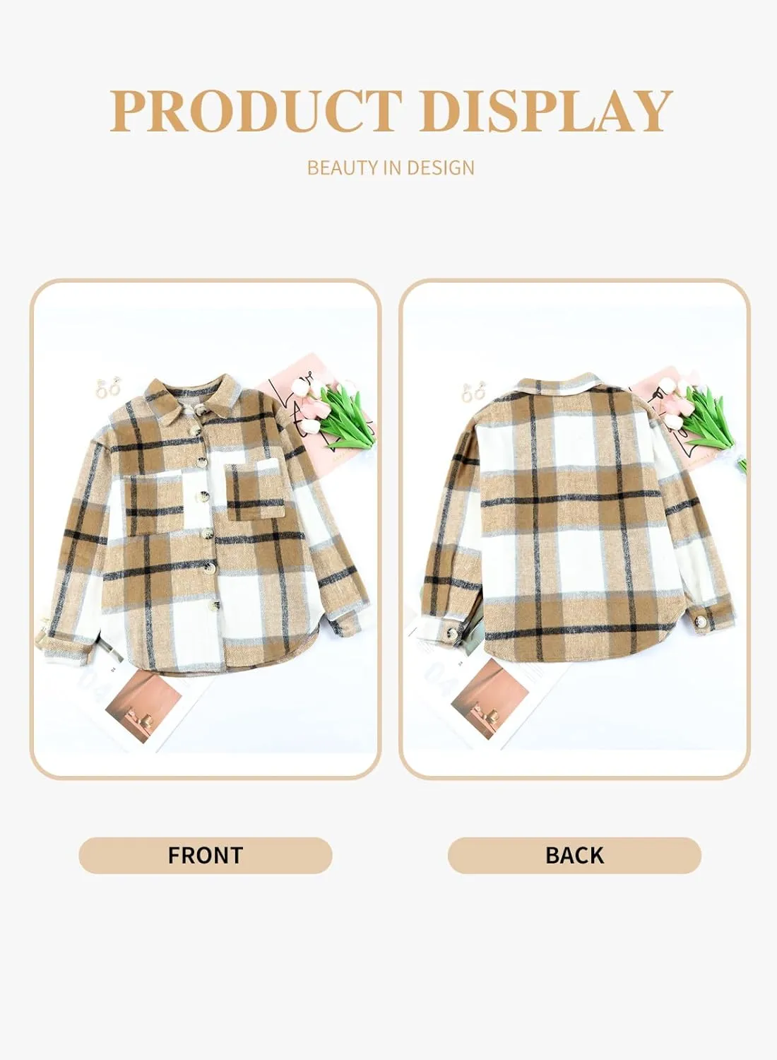 Eytino Womens Plus Size Jacket Casual Long Sleeve Button Up Flannel Plaid Shacket Coats with Pockets(1X-5X)