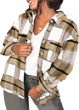 Eytino Womens Plus Size Jacket Casual Long Sleeve Button Up Flannel Plaid Shacket Coats with Pockets(1X-5X)