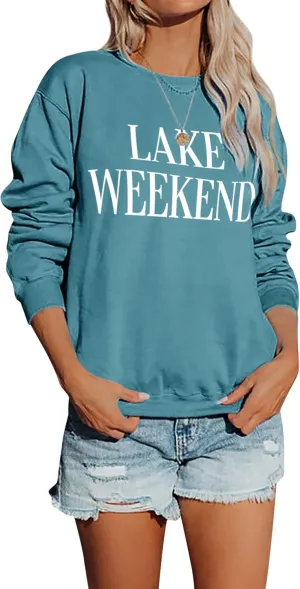 Ezcosplay Women Cute Lake Weekend Sweatshirt Letter Print Shirts Casual Loose Pullover Tops