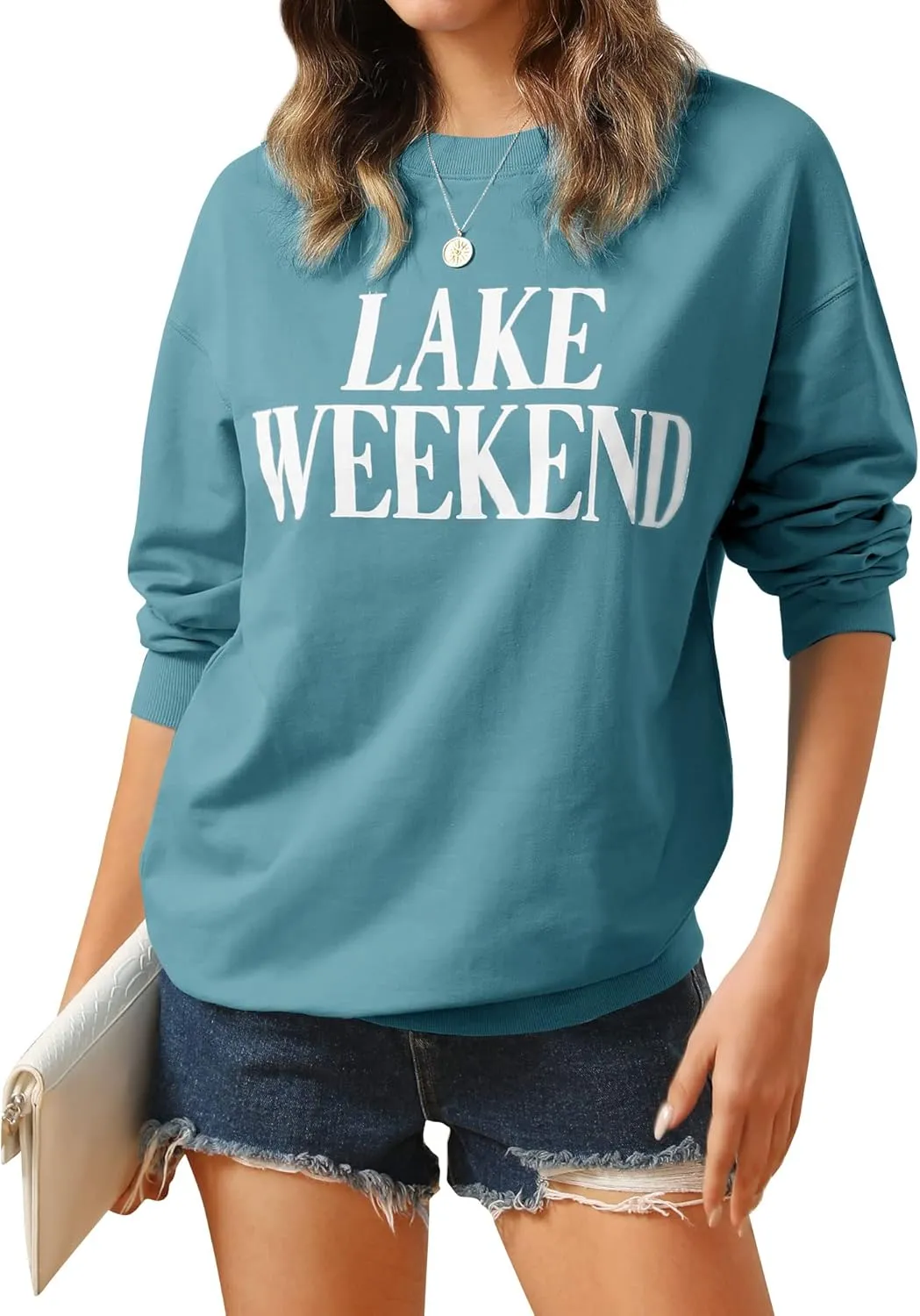 Ezcosplay Women Cute Lake Weekend Sweatshirt Letter Print Shirts Casual Loose Pullover Tops