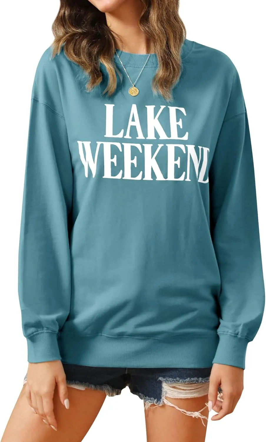 Ezcosplay Women Cute Lake Weekend Sweatshirt Letter Print Shirts Casual Loose Pullover Tops