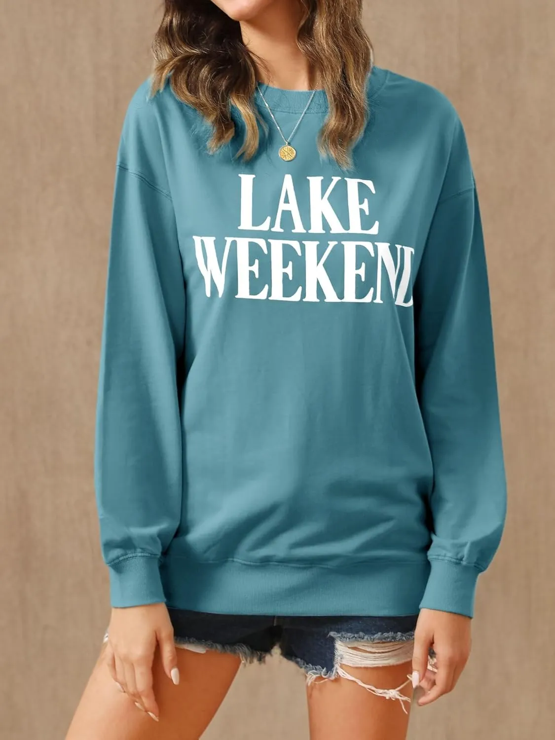 Ezcosplay Women Cute Lake Weekend Sweatshirt Letter Print Shirts Casual Loose Pullover Tops