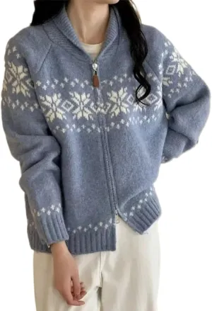 Fair Isle Cardigan Sweaters for Women, Double Zipper Long Sleeve Collar Knit Crop Tops, Cutecore Retro Vintage