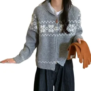 Fair Isle Cardigan Sweaters for Women, Double Zipper Long Sleeve Collar Knit Crop Tops, Cutecore Retro Vintage