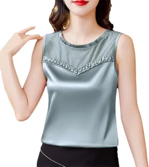Fashion Women Beaded Tank Top Summer Silk Satin Shirt Round Neck Sleeveless Camisole