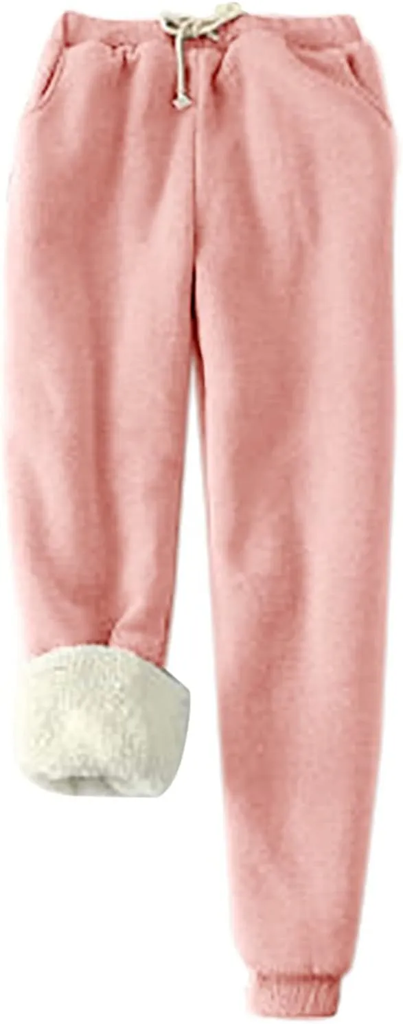 Fleece Lined Sweatpants Women Winter High Waist Drawstring Jogger Sweat Pants Elastic Waist Leggings Casual Trousers