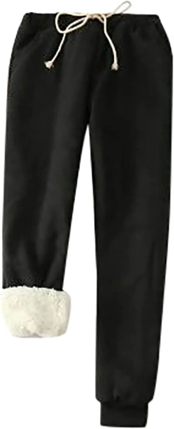 Fleece Lined Sweatpants Women Winter High Waist Drawstring Jogger Sweat Pants Elastic Waist Leggings Casual Trousers