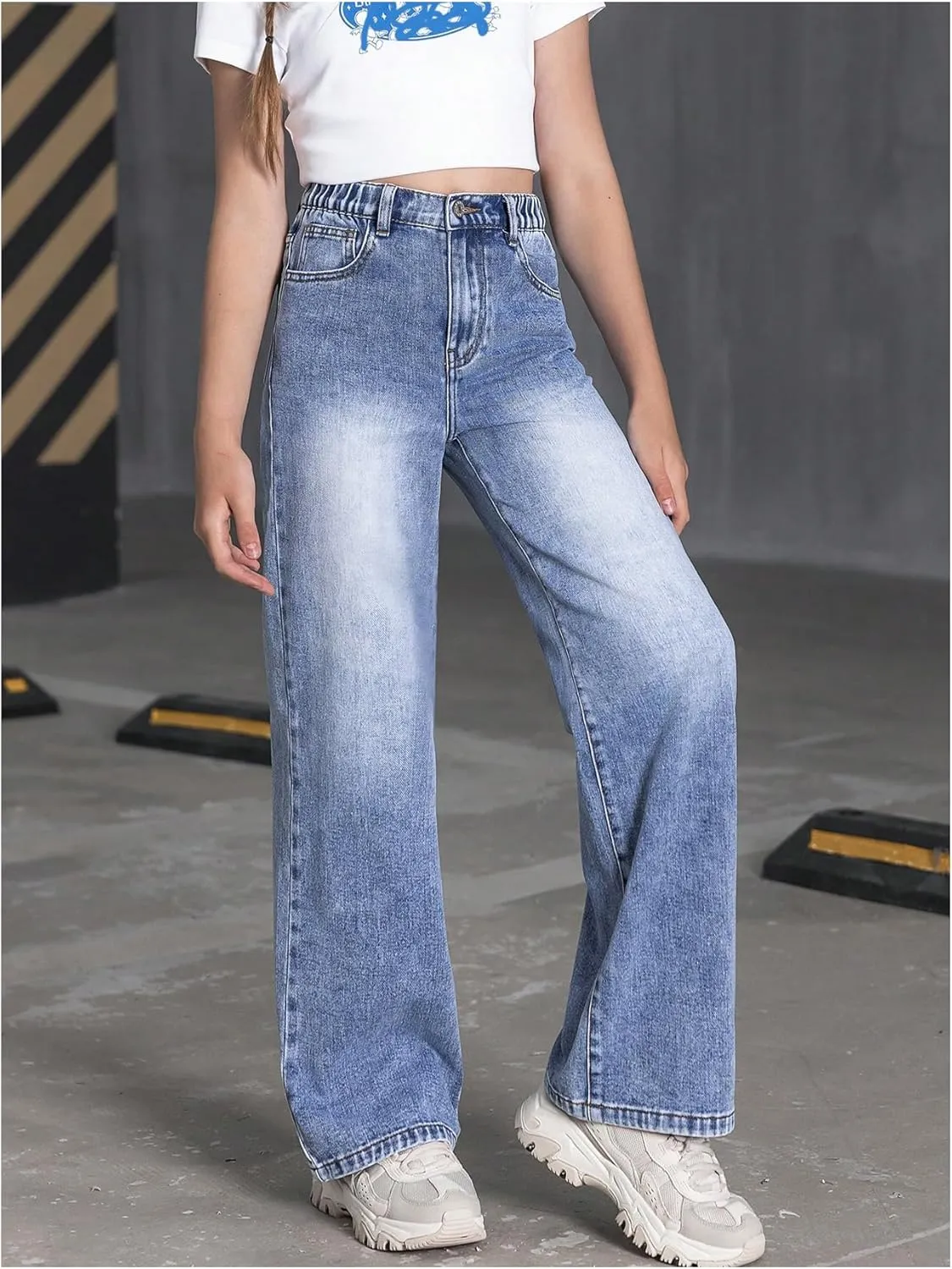 Floerns Girl's Y2k Bowknot Print Elastic Waist Jeans Wide Leg Cute Denim Pants