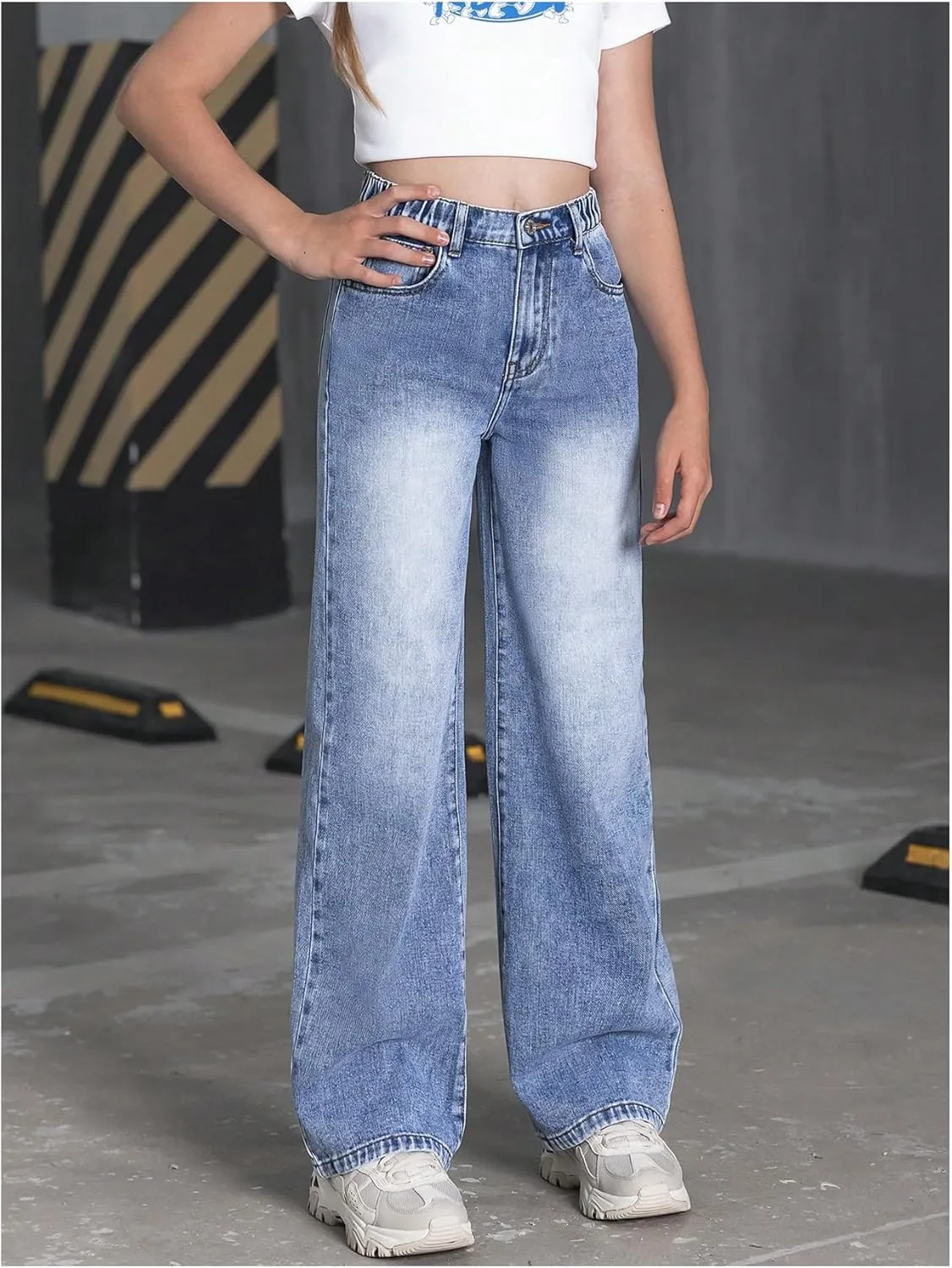 Floerns Girl's Y2k Bowknot Print Elastic Waist Jeans Wide Leg Cute Denim Pants
