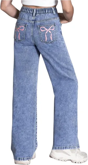 Floerns Girl's Y2k Bowknot Print Elastic Waist Jeans Wide Leg Cute Denim Pants