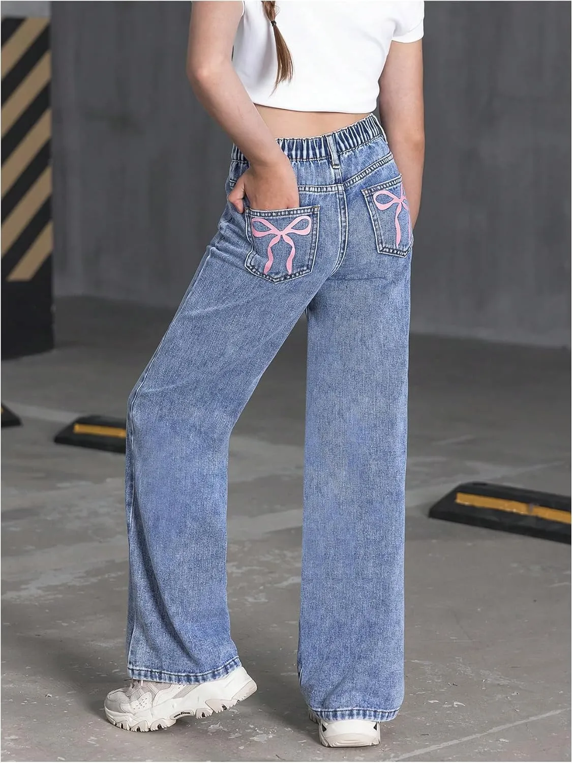 Floerns Girl's Y2k Bowknot Print Elastic Waist Jeans Wide Leg Cute Denim Pants