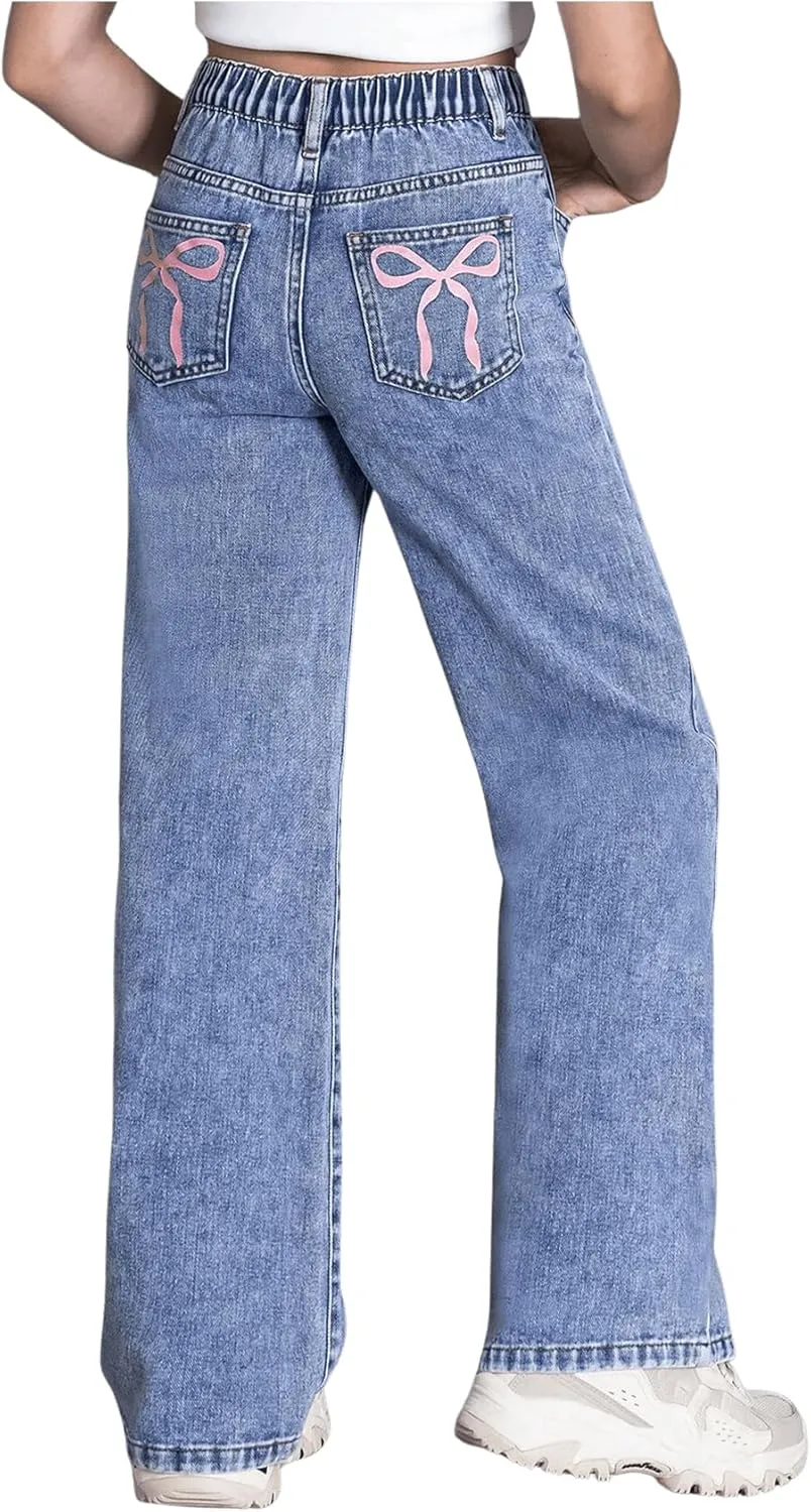 Floerns Girl's Y2k Bowknot Print Elastic Waist Jeans Wide Leg Cute Denim Pants