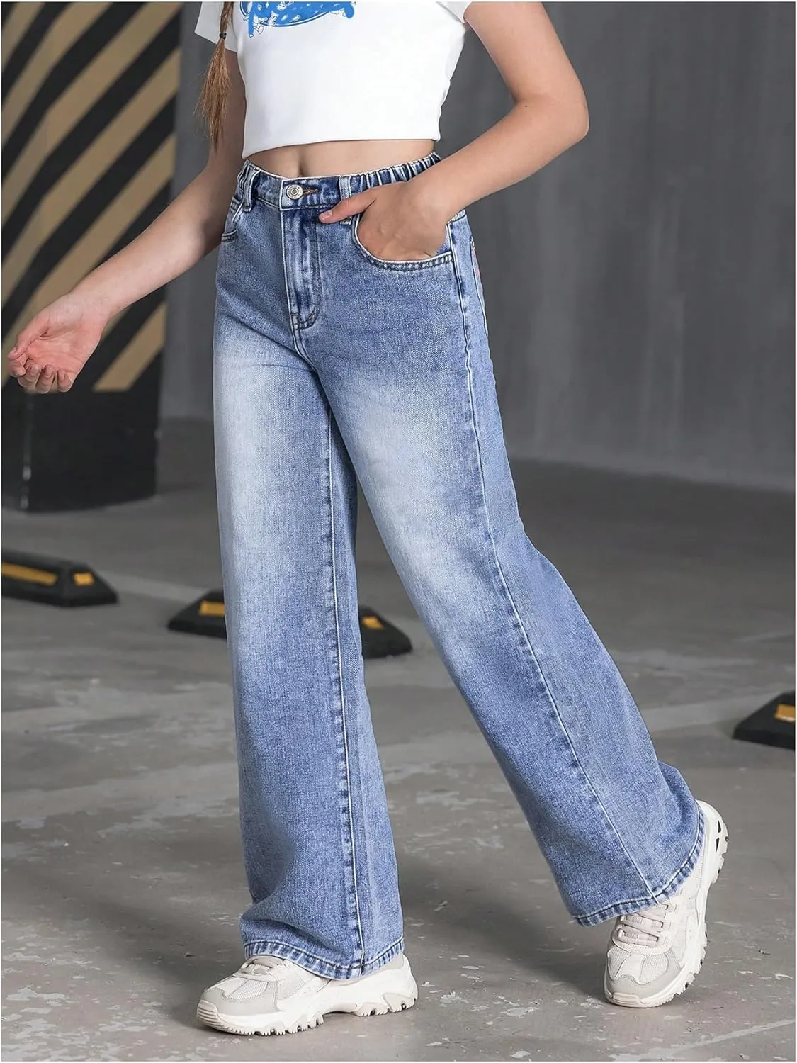 Floerns Girl's Y2k Bowknot Print Elastic Waist Jeans Wide Leg Cute Denim Pants
