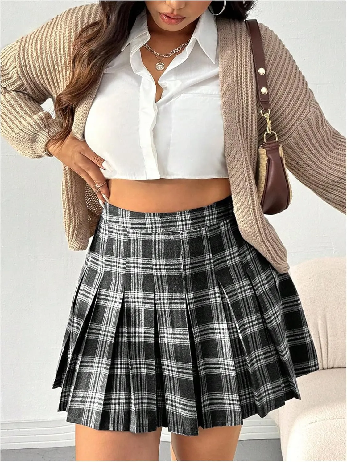 Floerns Women's Plus Size Plaid Print High Waist Mini Skirt Uniform Pleated A Line Skirts
