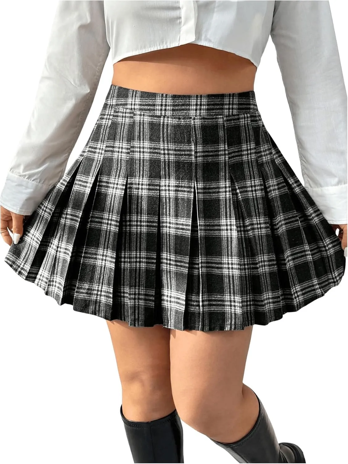 Floerns Women's Plus Size Plaid Print High Waist Mini Skirt Uniform Pleated A Line Skirts
