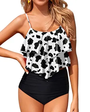Flowy Two Piece Bathing Suits With Ruffle Tops For Women-Black And White Cow Pattern