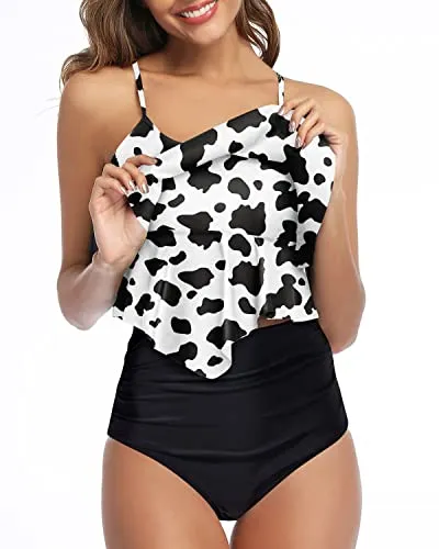 Flowy Two Piece Bathing Suits With Ruffle Tops For Women-Black And White Cow Pattern