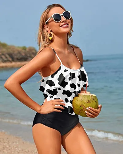Flowy Two Piece Bathing Suits With Ruffle Tops For Women-Black And White Cow Pattern