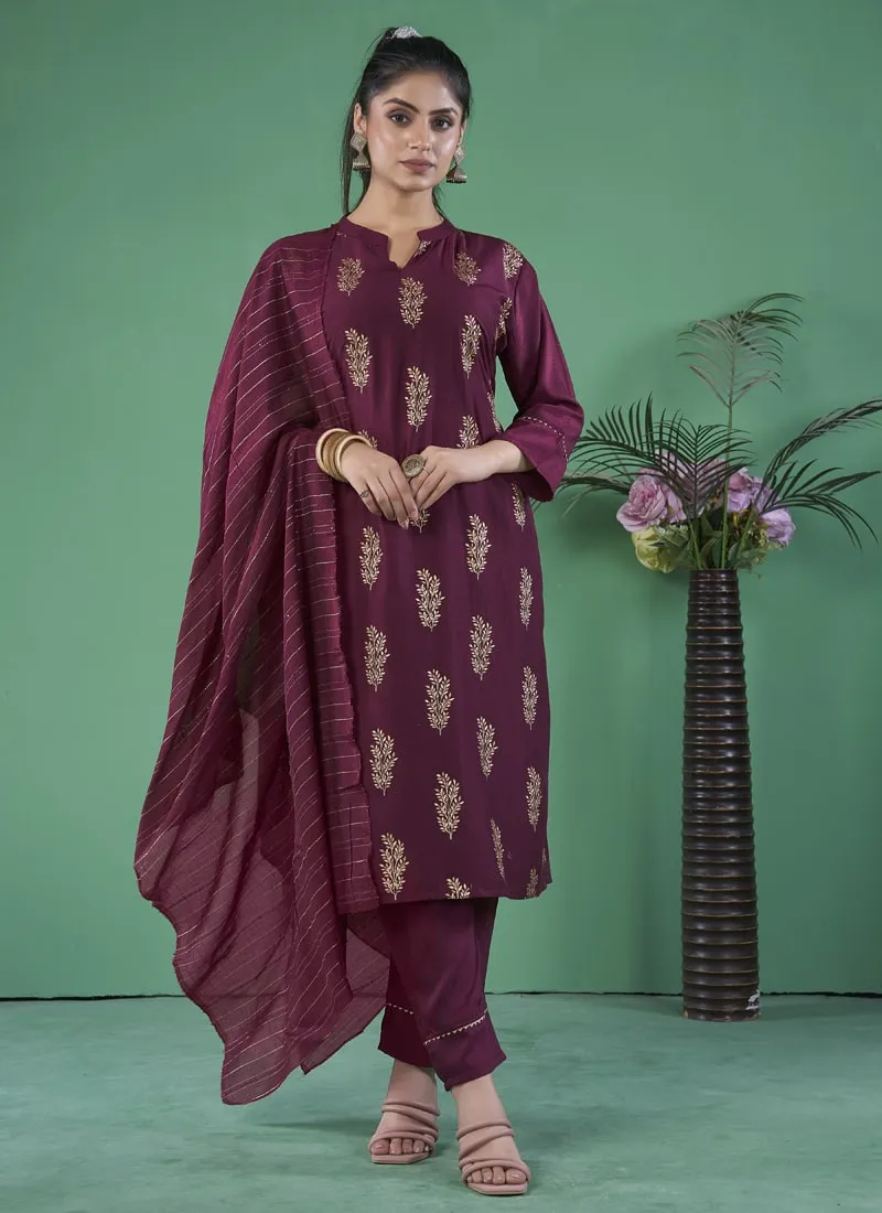 Foil Print Womens Kurta Pant Set with Cotton Dupatta