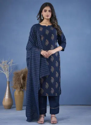 Foil Print Womens Kurta Pant Set with Cotton Dupatta