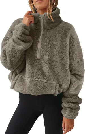 Fuzzy Fleece Sweatshirt For Women Casual Loose Half Zip Up Sherpa Pullover Sweater Warm Fall Winter Outfits