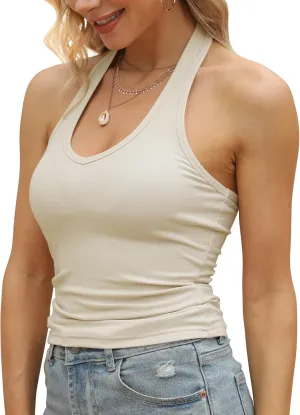 GEMBERA Womens Backless Halter Neck Front V Neck Camisole Basic Casual Fitted Cropped Tank Tops Shirts