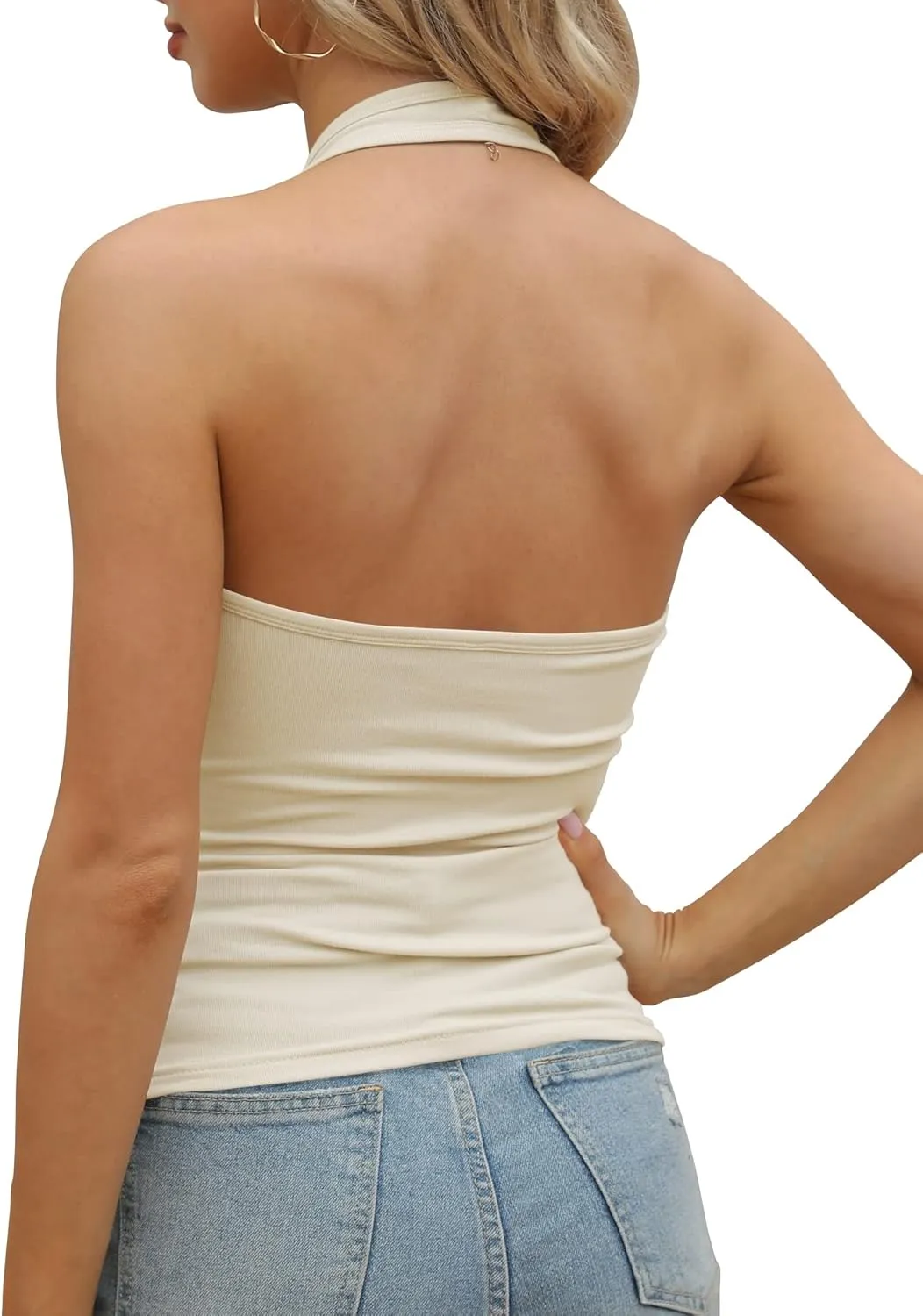 GEMBERA Womens Backless Halter Neck Front V Neck Camisole Basic Casual Fitted Cropped Tank Tops Shirts