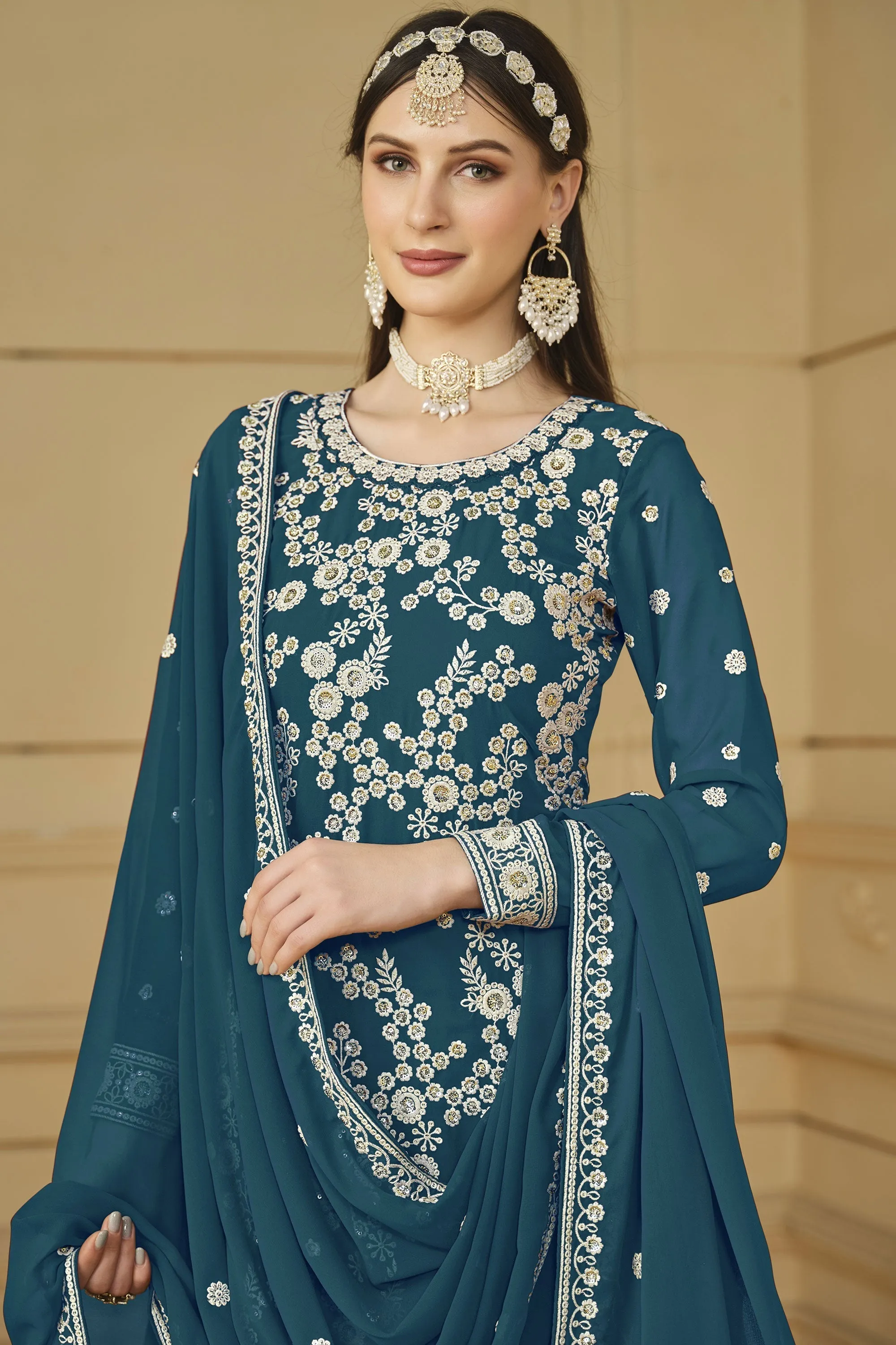 Georgette Fabric Teal Color Supreme Party Look Palazzo Suit