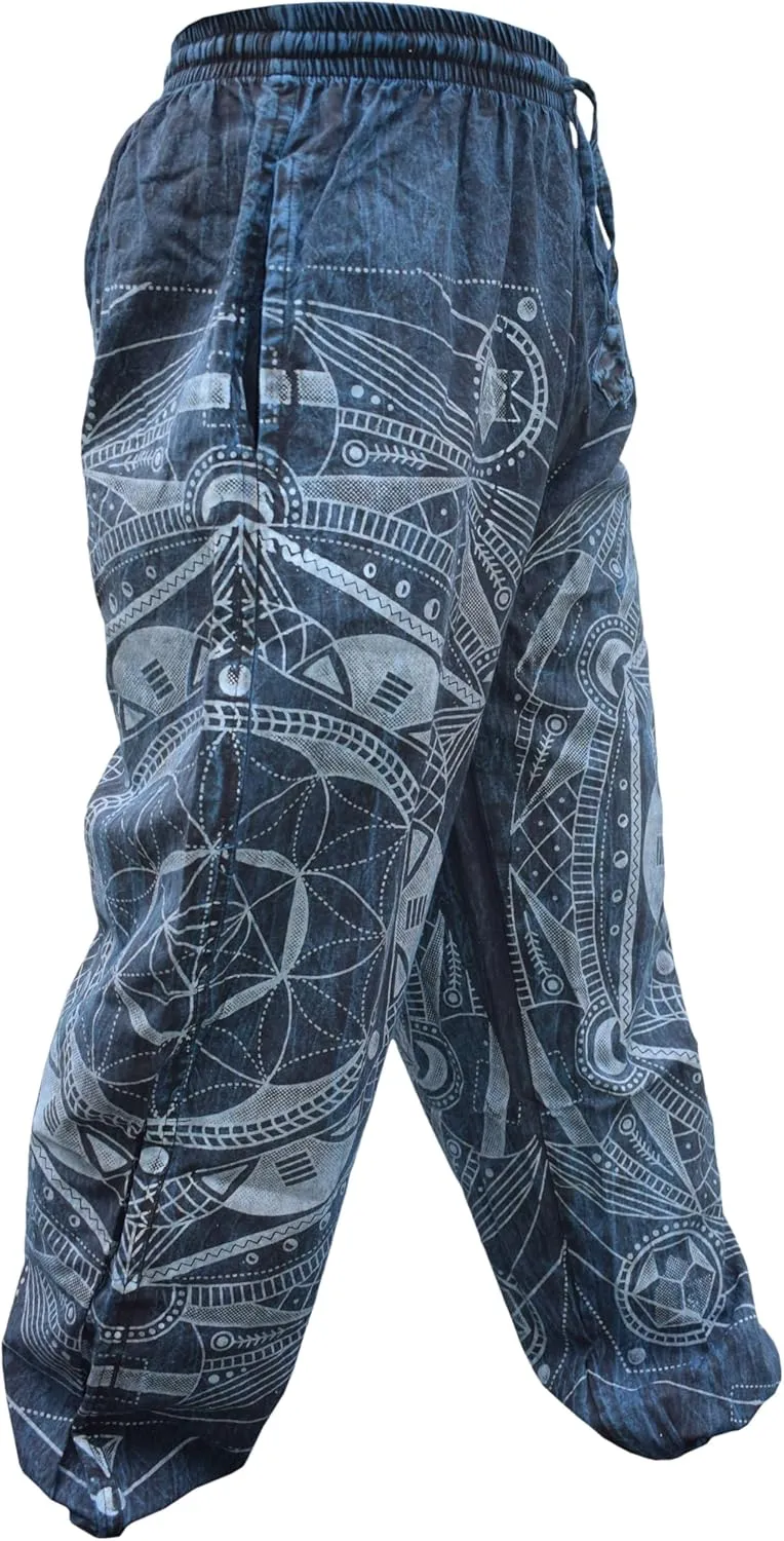 Gheri Mens Stone Washed Boho Print Harem Trousers Elastic Waist Beach Pants