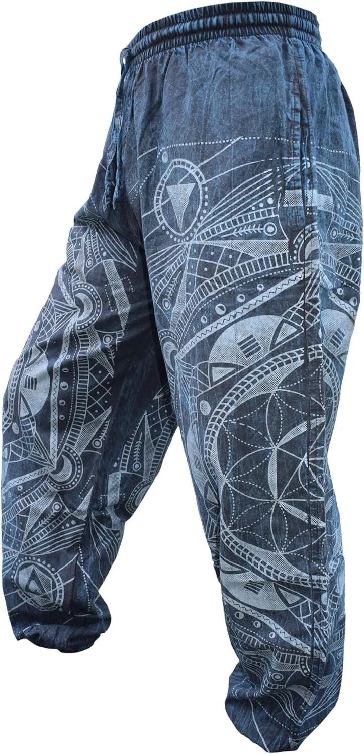 Gheri Mens Stone Washed Boho Print Harem Trousers Elastic Waist Beach Pants