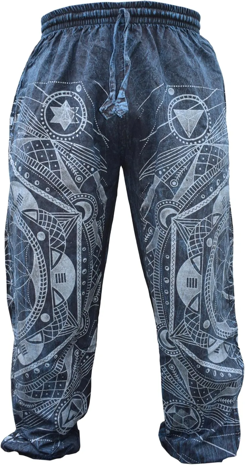 Gheri Mens Stone Washed Boho Print Harem Trousers Elastic Waist Beach Pants