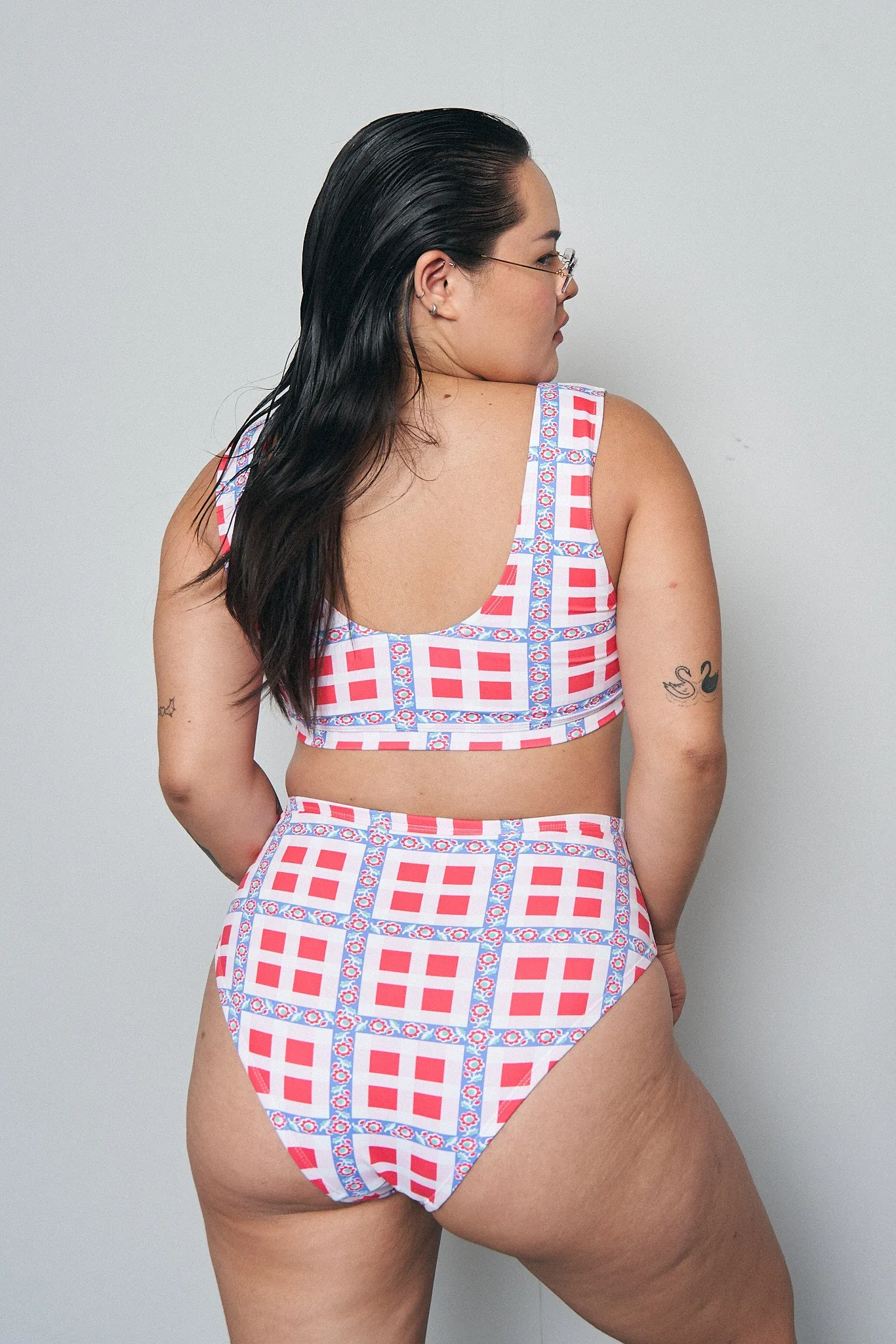 Gingham Ribbon Plaid High Waist Bikini Bottom