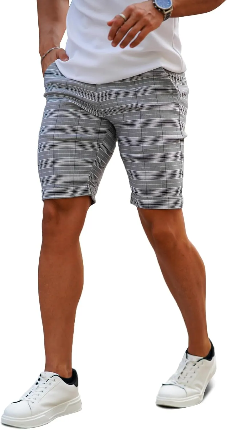 GINGTTO Mens Slim Fit Shorts Plaid Chino Short Tapered Leg Skinny Stretch